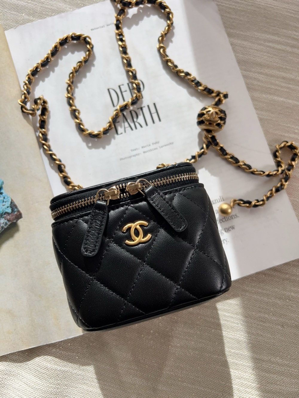 CHANEL Black Pearl Crush Mini Vanity Case Chain Bag Gold
